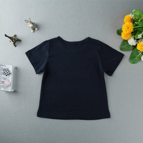 New Boys Kids T-shirt Top Letter Print O-Neck Short Sleeve Pullover Cute Casual Children Shirt Dark Blue