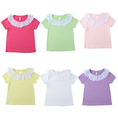 Sweet Cute Kids Baby Girl Cotton T-Shirt Peter Pan Collar Solid Color Short Sleeves Casual Tee Tops