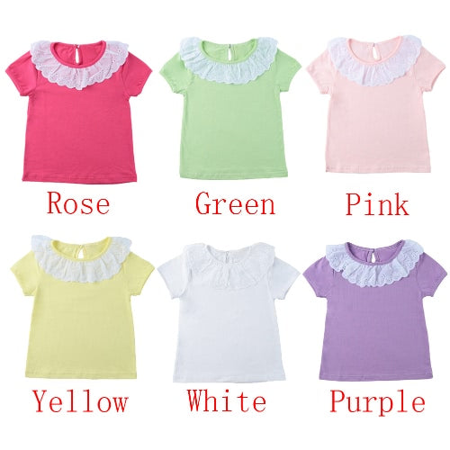 Sweet Cute Kids Baby Girl Cotton T-Shirt Peter Pan Collar Solid Color Short Sleeves Casual Tee Tops