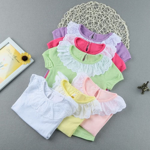 Sweet Cute Kids Baby Girl Cotton T-Shirt Peter Pan Collar Solid Color Short Sleeves Casual Tee Tops