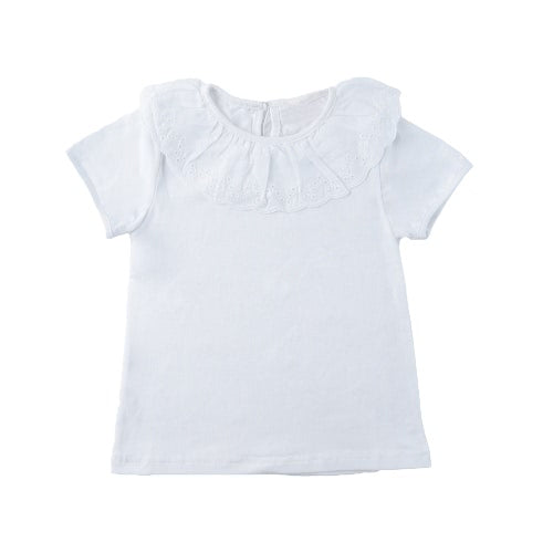 Sweet Cute Kids Baby Girl Cotton T-Shirt Peter Pan Collar Solid Color Short Sleeves Casual Tee Tops