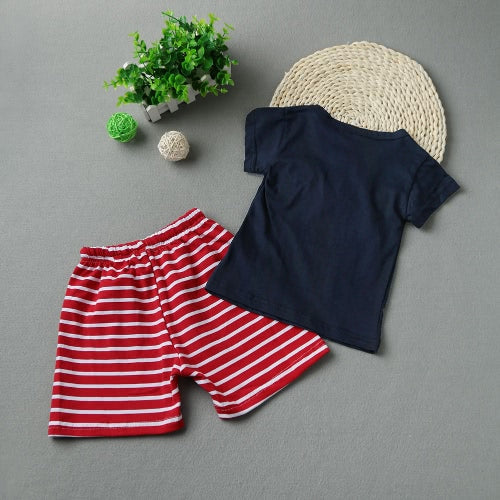 New Fashion Boys Two-Piece Set T-shirt Shorts Contrast Pattern Striped Print Drawstring Waistband Casual Clothing Sets