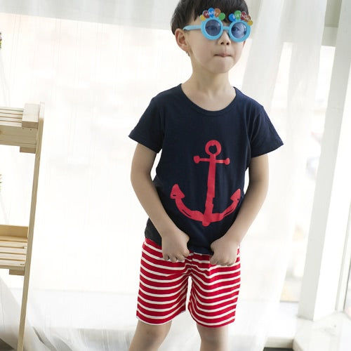 New Fashion Boys Two-Piece Set T-shirt Shorts Contrast Pattern Striped Print Drawstring Waistband Casual Clothing Sets