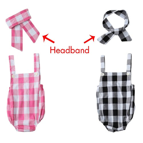 Fashion Newborn Infant Baby Girls Jumpsuit Strap Backless Plaid Covered Button Headband Toddler Romper Outfits Black/Pink