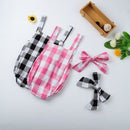 Fashion Newborn Infant Baby Girls Jumpsuit Strap Backless Plaid Covered Button Headband Toddler Romper Outfits Black/Pink