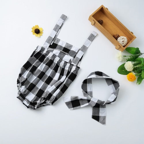 Fashion Newborn Infant Baby Girls Jumpsuit Strap Backless Plaid Covered Button Headband Toddler Romper Outfits Black/Pink