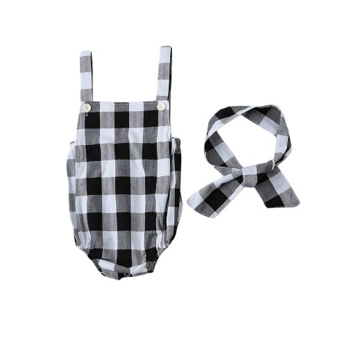 Fashion Newborn Infant Baby Girls Jumpsuit Strap Backless Plaid Covered Button Headband Toddler Romper Outfits Black/Pink