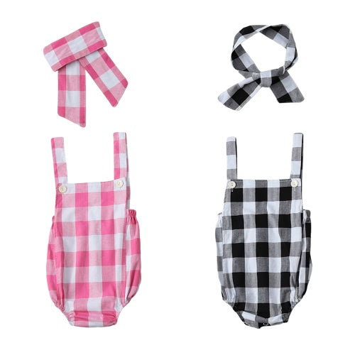 Fashion Newborn Infant Baby Girls Jumpsuit Strap Backless Plaid Covered Button Headband Toddler Romper Outfits Black/Pink