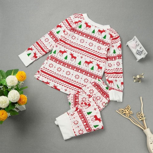 New Girls Boys Kids Two-Piece Set Pajama Christmas Sleepwear O-Neck Long Sleeves Casual House Coat Pants White