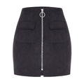 Fashion Women Mini Suede Skirts Pocketed Zippered Front Party Short Sheath Suedtte Skirt