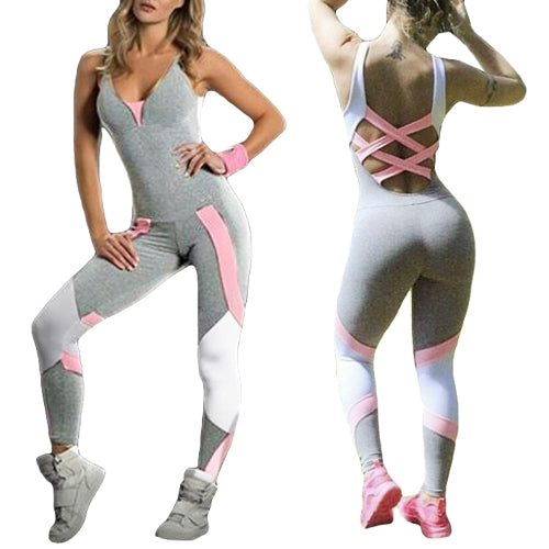 Women Sport Yoga Set Contrast Color Bandage Backless Sleeveless Fitness Jumpsuits Gym Running Bodysuits Workout Suit Grey