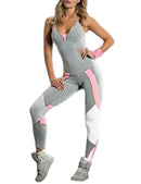 Women Sport Yoga Set Contrast Color Bandage Backless Sleeveless Fitness Jumpsuits Gym Running Bodysuits Workout Suit Grey