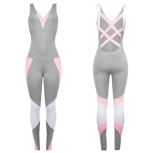 Women Sport Yoga Set Contrast Color Bandage Backless Sleeveless Fitness Jumpsuits Gym Running Bodysuits Workout Suit Grey