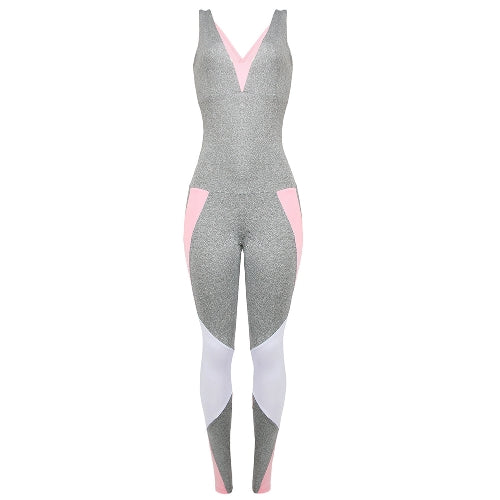 Women Sport Yoga Set Contrast Color Bandage Backless Sleeveless Fitness Jumpsuits Gym Running Bodysuits Workout Suit Grey