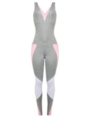 Women Sport Yoga Set Contrast Color Bandage Backless Sleeveless Fitness Jumpsuits Gym Running Bodysuits Workout Suit Grey