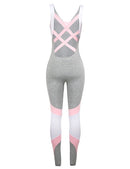 Women Sport Yoga Set Contrast Color Bandage Backless Sleeveless Fitness Jumpsuits Gym Running Bodysuits Workout Suit Grey