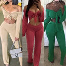 Sexy Women Two Pieces Off Shoulder Crop Top Bandage Bodycon Long Pants Solid Slim Club Suits