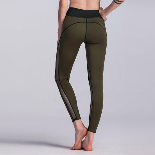 Sexy Women Sport Leggings Mesh Insert Splicing High Waist Skinny Casual Gym Yoga Pants Dark Green