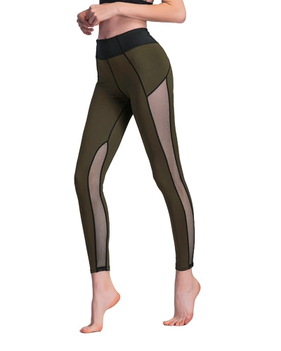 Sexy Women Sport Leggings Mesh Insert Splicing High Waist Skinny Casual Gym Yoga Pants Dark Green