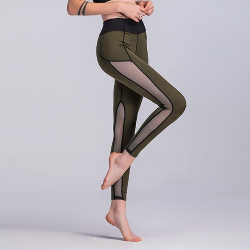 Sexy Women Sport Leggings Mesh Insert Splicing High Waist Skinny Casual Gym Yoga Pants Dark Green