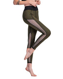 Sexy Women Sport Leggings Mesh Insert Splicing High Waist Skinny Casual Gym Yoga Pants Dark Green