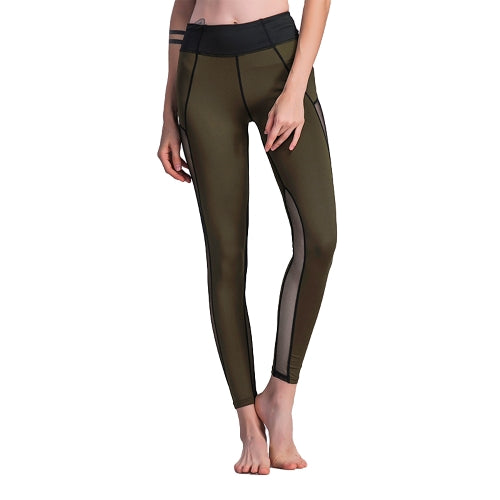 Sexy Women Sport Leggings Mesh Insert Splicing High Waist Skinny Casual Gym Yoga Pants Dark Green