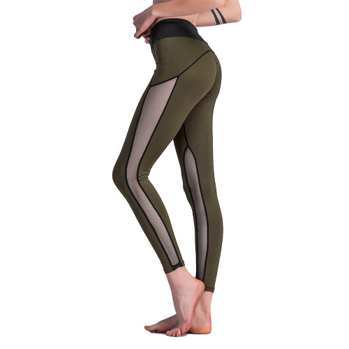 Sexy Women Sport Leggings Mesh Insert Splicing High Waist Skinny Casual Gym Yoga Pants Dark Green