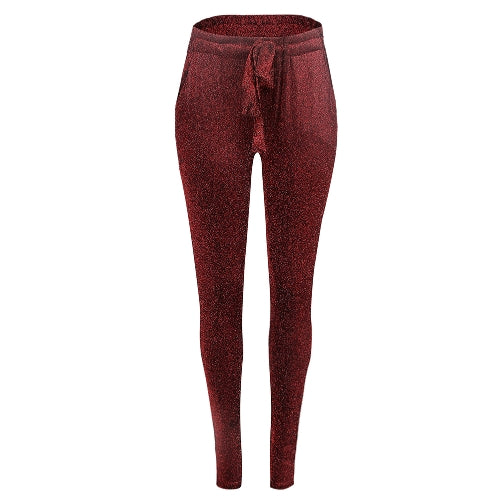 Fashion Women Long Pants Metallic Sequined Elastic Waist Bandage Casual Slim Trousers