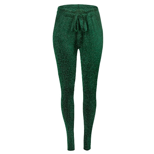 Fashion Women Long Pants Metallic Sequined Elastic Waist Bandage Casual Slim Trousers