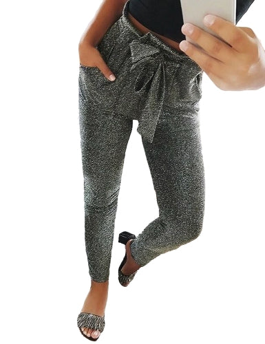 Fashion Women Long Pants Metallic Sequined Elastic Waist Bandage Casual Slim Trousers