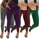 Fashion Women Long Pants Metallic Sequined Elastic Waist Bandage Casual Slim Trousers