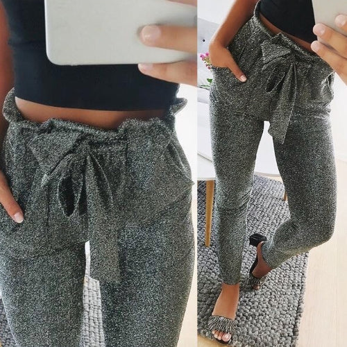 Fashion Women Long Pants Metallic Sequined Elastic Waist Bandage Casual Slim Trousers