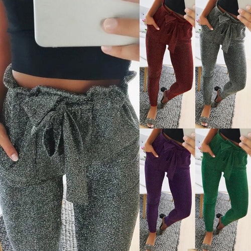 Fashion Women Long Pants Metallic Sequined Elastic Waist Bandage Casual Slim Trousers