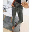 Fashion Women Long Pants Metallic Sequined Elastic Waist Bandage Casual Slim Trousers