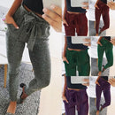 Fashion Women Long Pants Metallic Sequined Elastic Waist Bandage Casual Slim Trousers