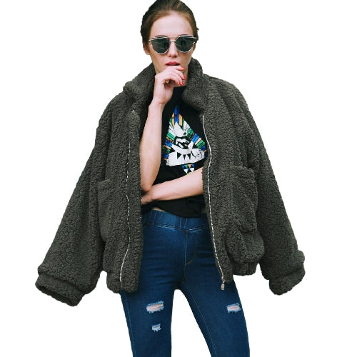 Fashion Women Fluffy Shaggy Faux Fur Coat Long Sleeve Loose Coat Turn-Down Sling Zipper Casual Jacket Outwear Tops