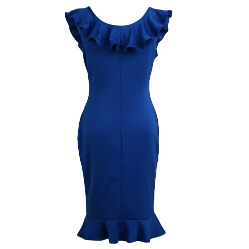 Sexy Women Bodycon Dress Ruffle Deep V-Neck Sleeveless Zipper Solid Slim Dresses