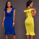 Sexy Women Bodycon Dress Ruffle Deep V-Neck Sleeveless Zipper Solid Slim Dresses