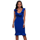 Sexy Women Bodycon Dress Ruffle Deep V-Neck Sleeveless Zipper Solid Slim Dresses