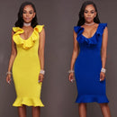 Sexy Women Bodycon Dress Ruffle Deep V-Neck Sleeveless Zipper Solid Slim Dresses