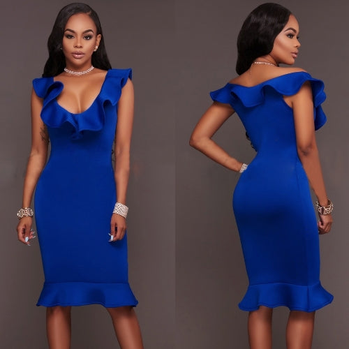 Sexy Women Bodycon Dress Ruffle Deep V-Neck Sleeveless Zipper Solid Slim Dresses