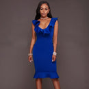 Sexy Women Bodycon Dress Ruffle Deep V-Neck Sleeveless Zipper Solid Slim Dresses