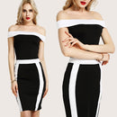 Women Bodycon Off Shoulder Dress Splicing Color Block Slash Neck Short Sleeves Sheath Party Bandage Dress