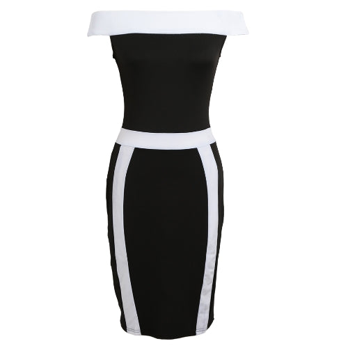 Women Bodycon Off Shoulder Dress Splicing Color Block Slash Neck Short Sleeves Sheath Party Bandage Dress