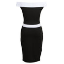 Women Bodycon Off Shoulder Dress Splicing Color Block Slash Neck Short Sleeves Sheath Party Bandage Dress