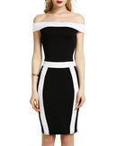 Women Bodycon Off Shoulder Dress Splicing Color Block Slash Neck Short Sleeves Sheath Party Bandage Dress