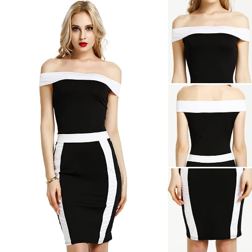 Women Bodycon Off Shoulder Dress Splicing Color Block Slash Neck Short Sleeves Sheath Party Bandage Dress