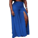 Women Pants Solid Color Side Split High Waist Wide Loose Flared Legs Baggy Casual Trousers Blue