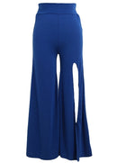 Women Pants Solid Color Side Split High Waist Wide Loose Flared Legs Baggy Casual Trousers Blue