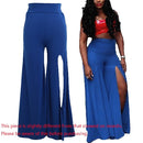 Women Pants Solid Color Side Split High Waist Wide Loose Flared Legs Baggy Casual Trousers Blue